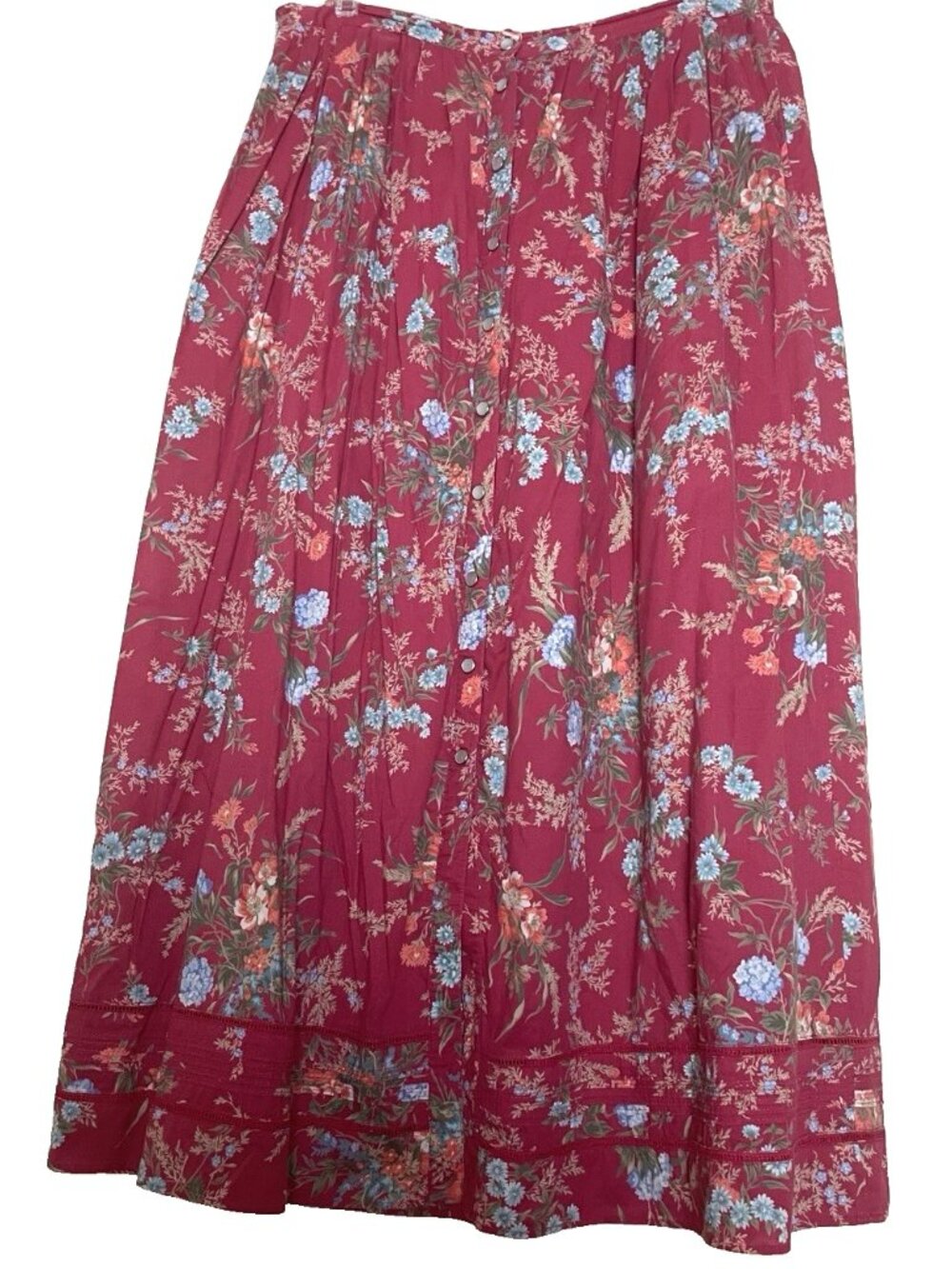 Vintage Ralph Lauren Skirt Size 14 Red Floral Pearly Snap Front Prairie Peasant
